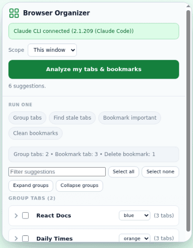 The side panel after Analyze: open tabs clustered into named groups like React Docs and Daily Times, ready to review.