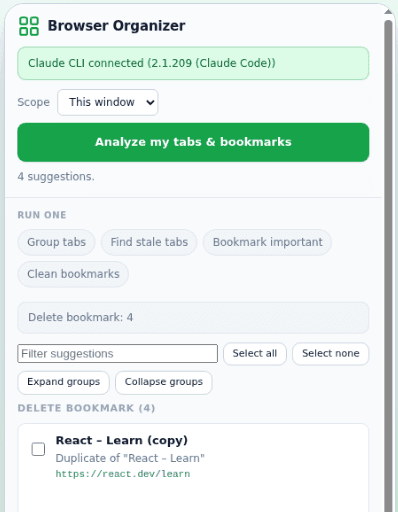 The bookmark-cleanup view listing duplicate bookmarks to delete, each with its URL, before anything is removed.