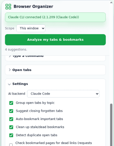 Settings, showing the AI backend dropdown and toggles for grouping, stale tabs, auto-bookmarking, and dead-link checks.